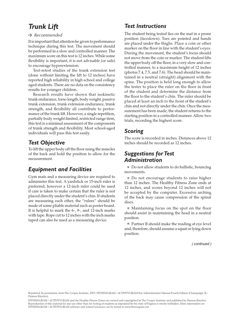 Trunk Lift Test Protocol PDF | PDF | Anatomical Terms Of Motion ...