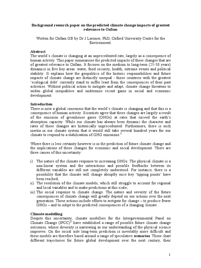 Background Research Paper On The Predicted Climate Change Impacts of ...