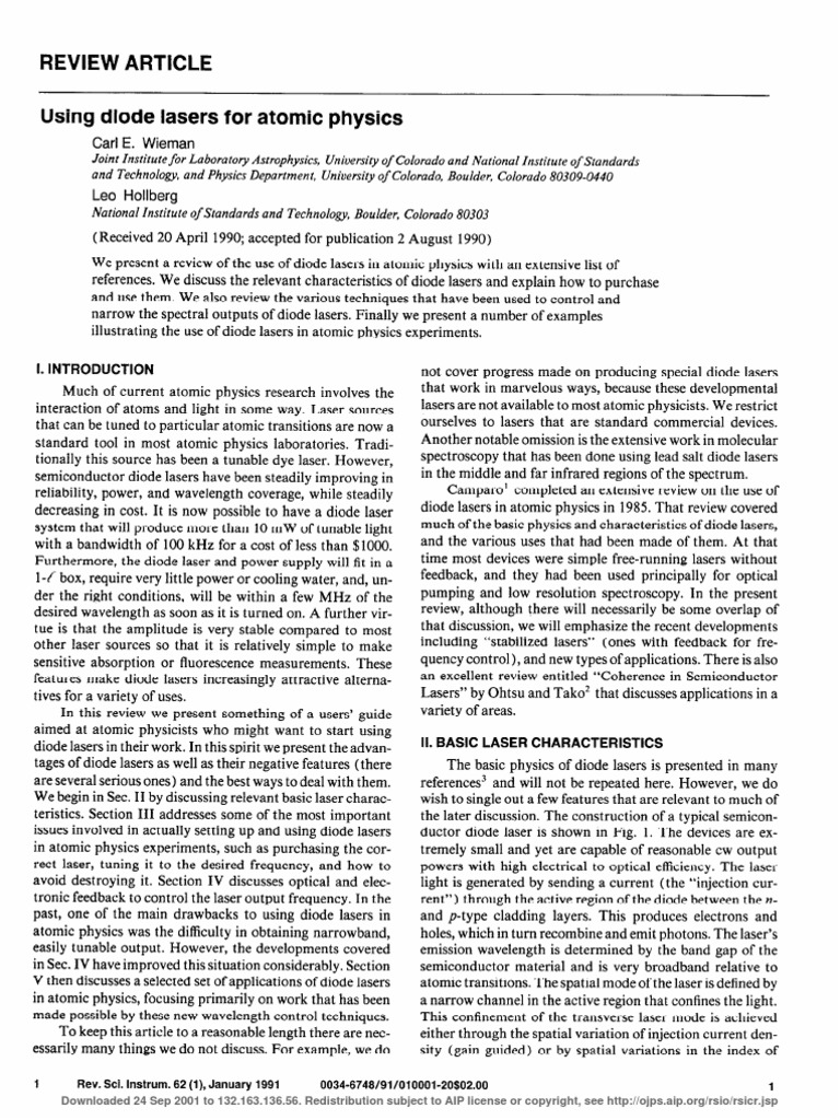 Using Diode Lasers For Atomic Physics Wieman PDF Laser Diode Laser