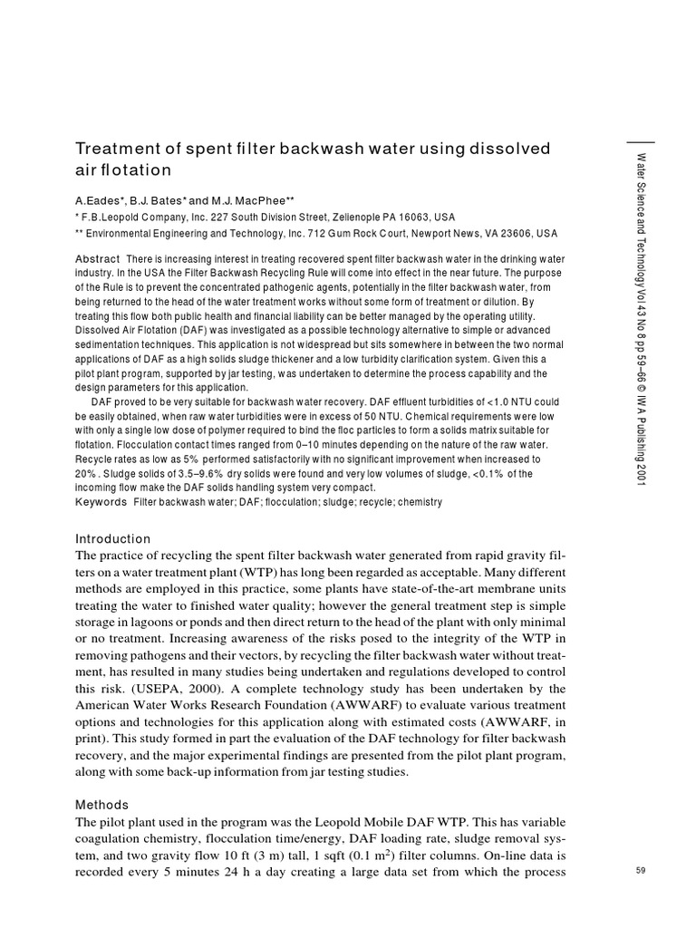 Treatment of Spent Filter Backwash Water Using Dissolved Air Flotation