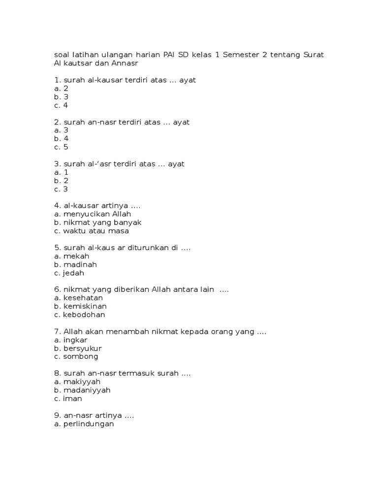 Soal Latihan Ulangan Harian PAI SD Kelas 1 Semester 2 Tentang Surat Al