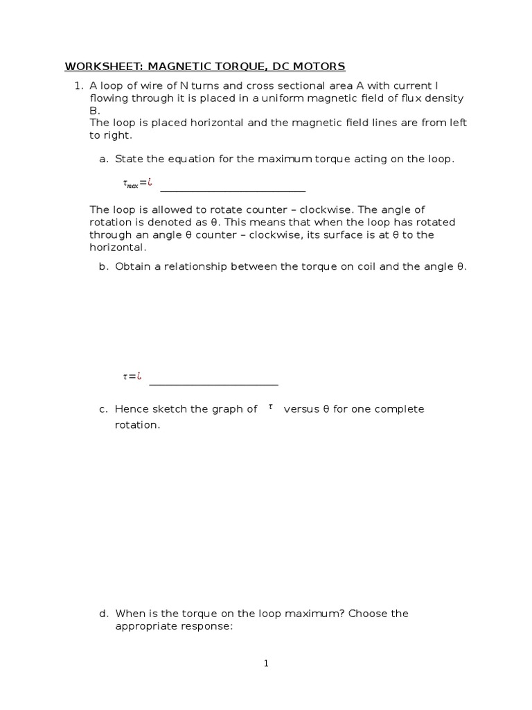 worksheet Physics Torque Worksheet worksheet magnetic torque field torque