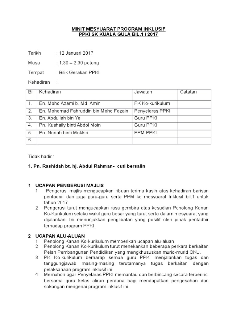 contoh minit mesyuarat program