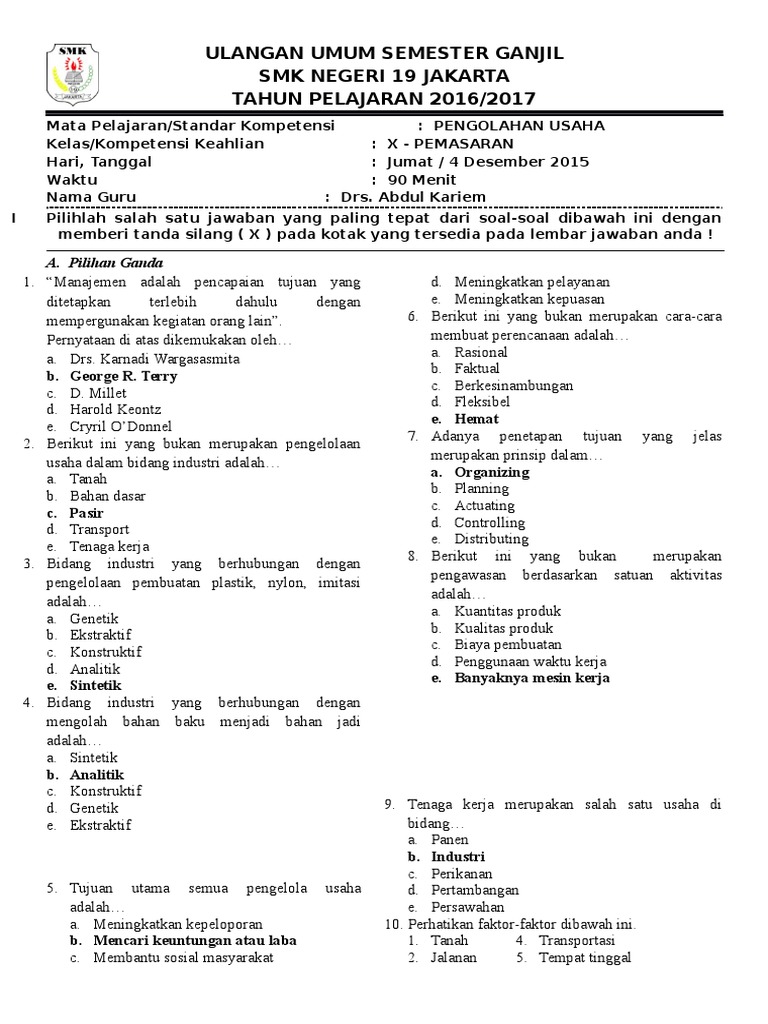 Contoh Soal Pilihan Ganda Marketing Kelas 10 Dunia Sosial