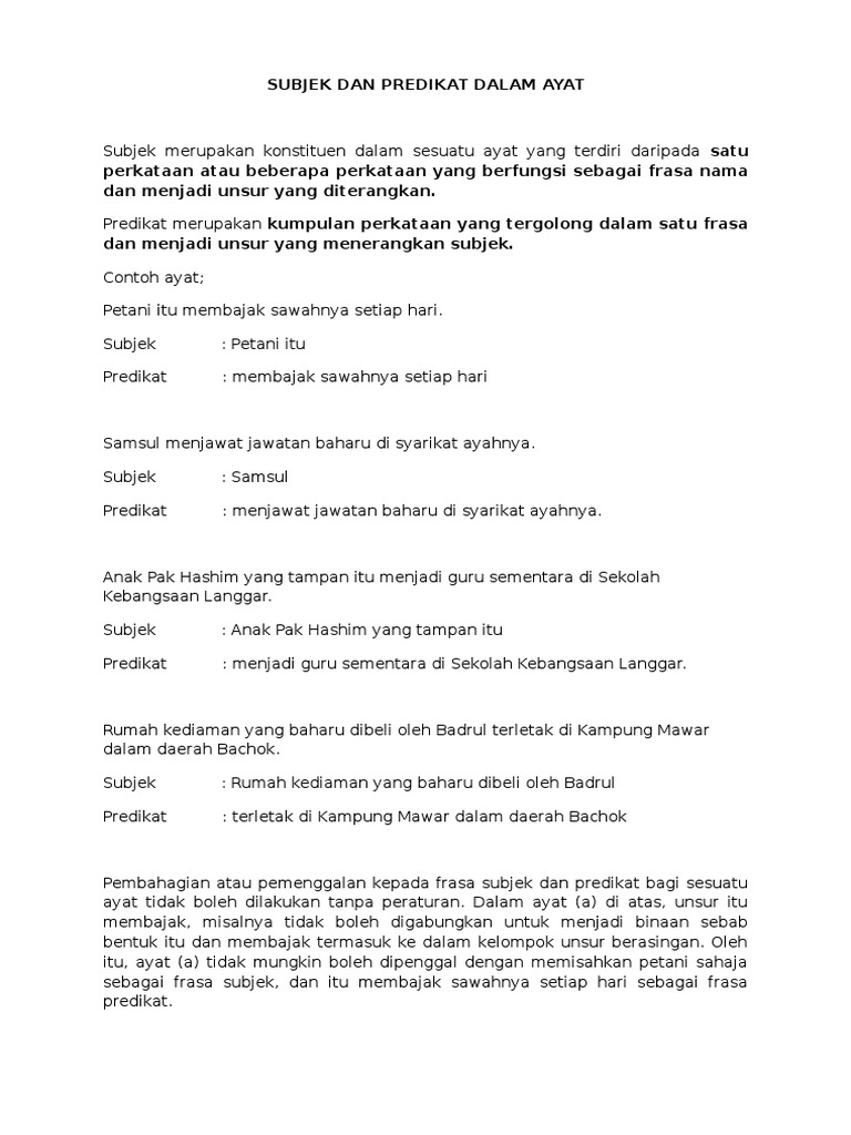 Subjek Dan Predikat Dalam Ayat Pdf