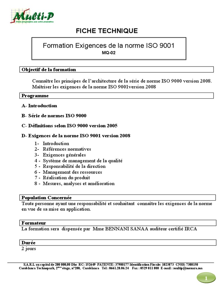 Fiche technique Formation Exigences de la norme ISO 9001  Système de
