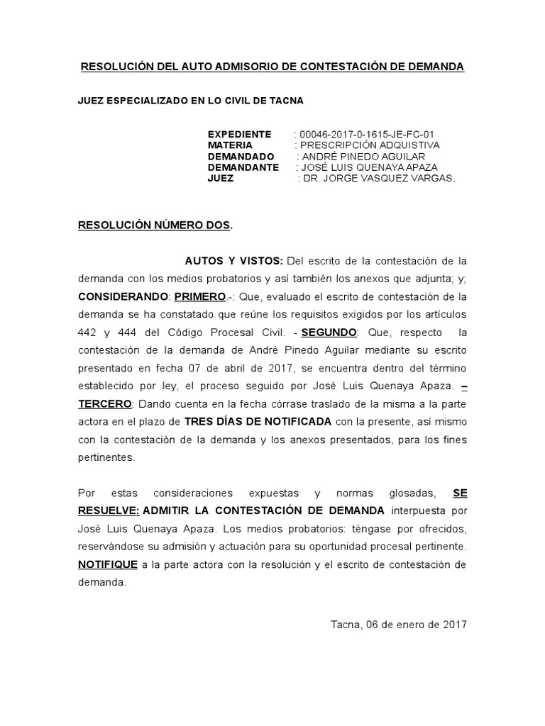 Resolución Del Auto Admisorio de Contestación de Demanda | PDF