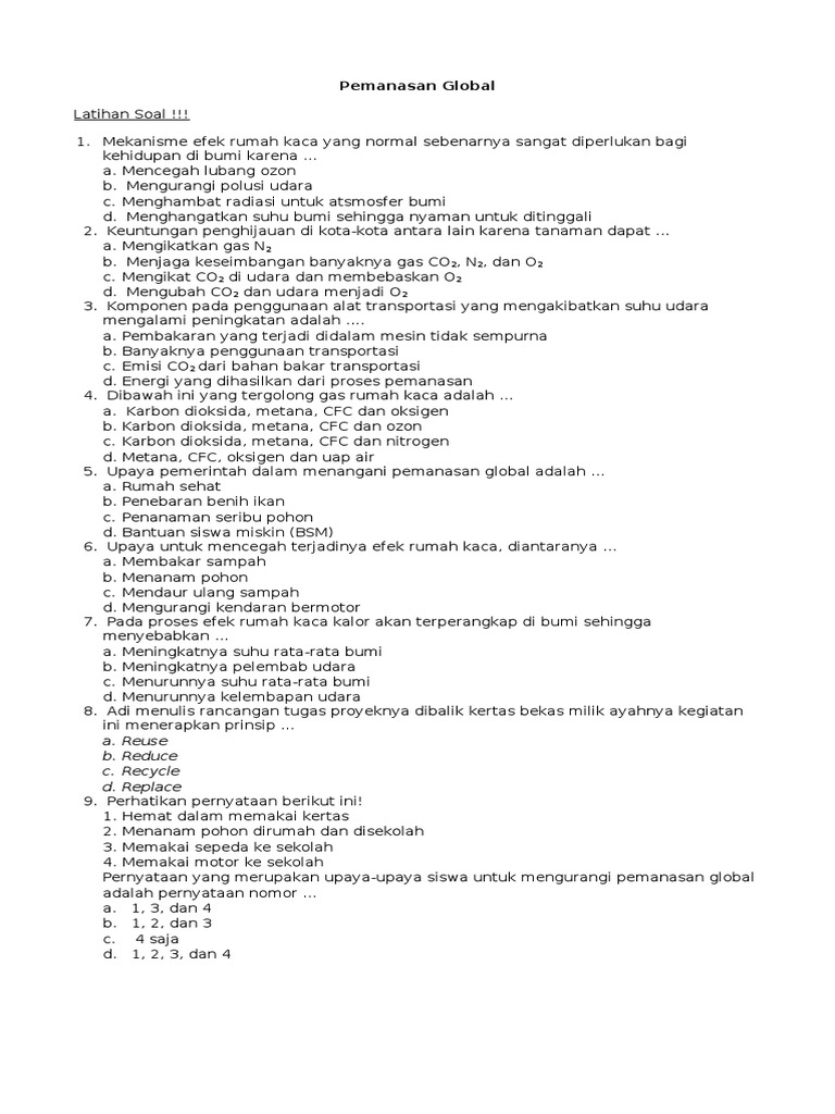 Latihan Soal Pemanasan Global Dan Pencemaran Lingkungan