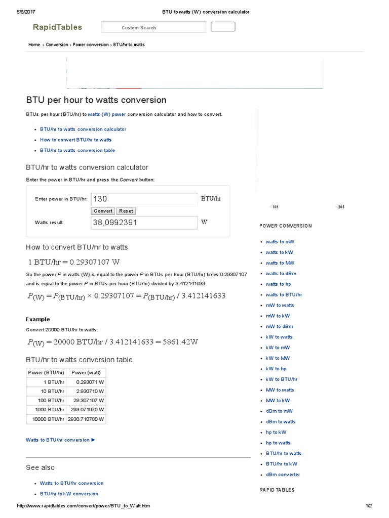 BTU To Watts W Conversion Calculator British Thermal Unit Watt