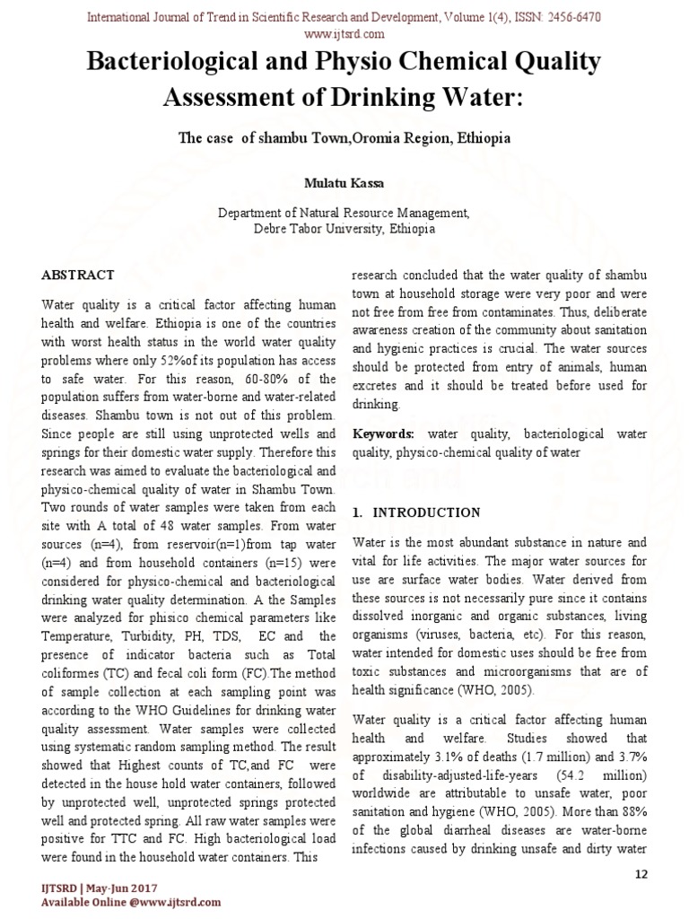 Bacteriological and Physio Chemical Quality Assessment of Drinking