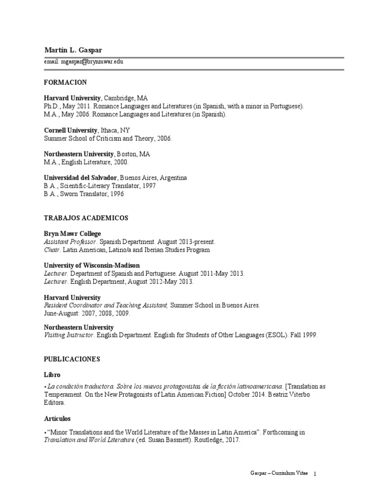 Martín GASPAR Currículum Vitae Latin America Spanish Language