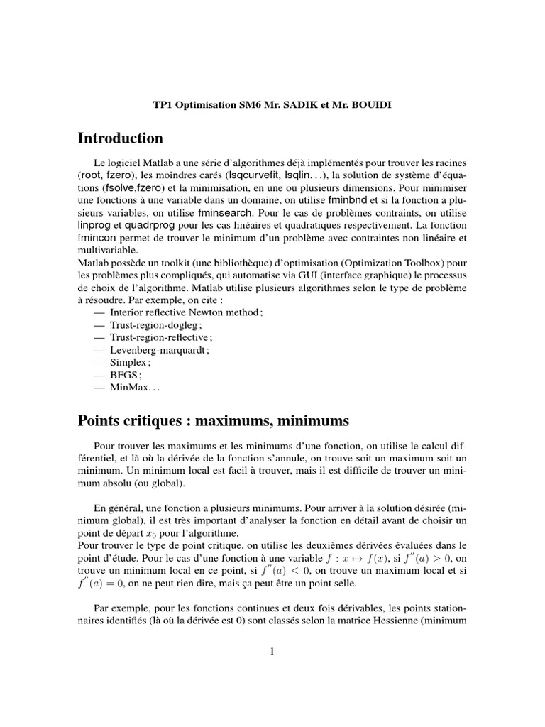 Optimisation avec Matlab et dérivées | PDF | Extremum | Optimisation ...