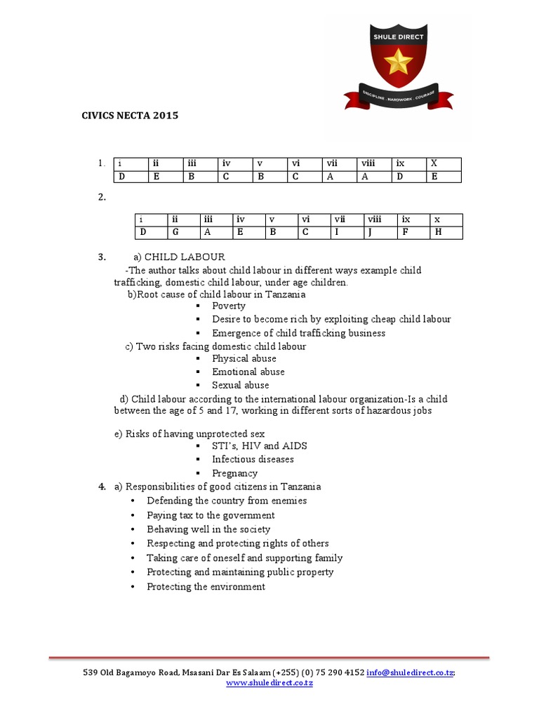 Necta Civics 2015 Examination Answers (Marking Scheme) PDF Economic