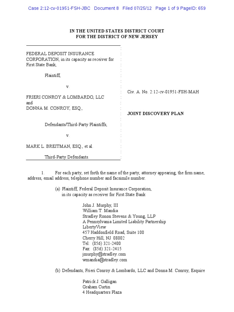 FDIC vs. Frieri, Conroy & Lombardo Joint discovery plan Discovery
