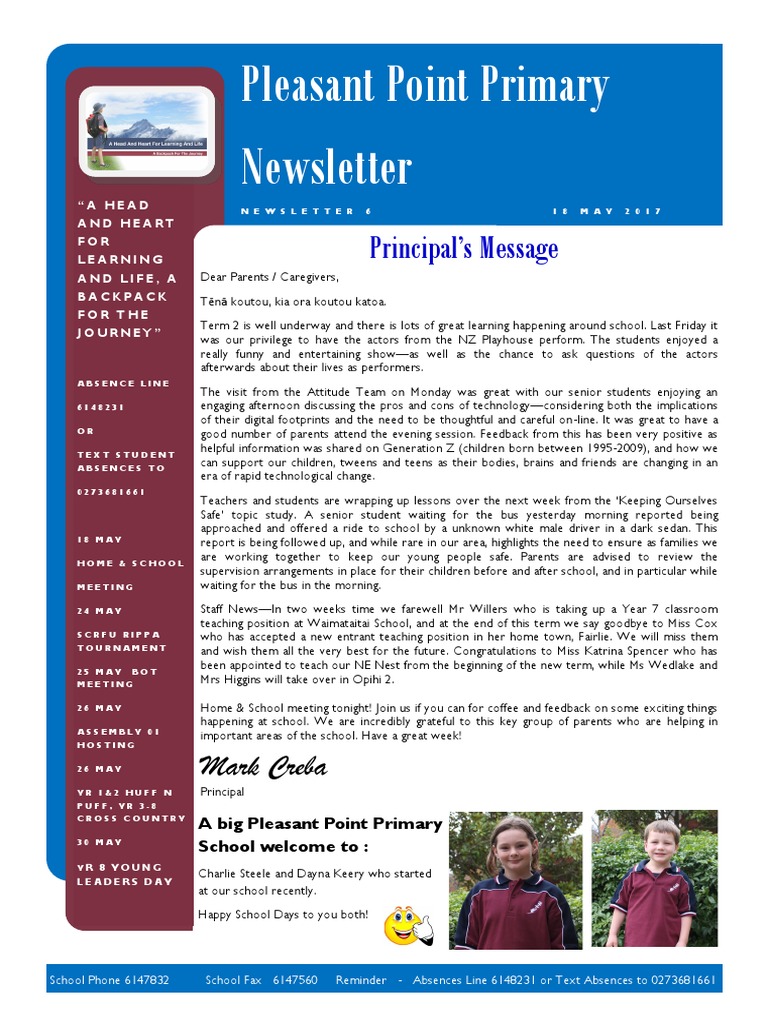 Pleasant Point Primary Newsletter Principal's Message PDF Schools Teaching And Learning