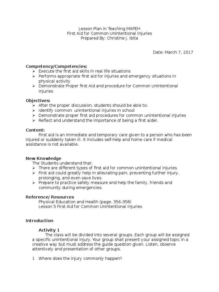 Lesson Plan in Teaching MAPEH PDF First Aid Lesson Plan