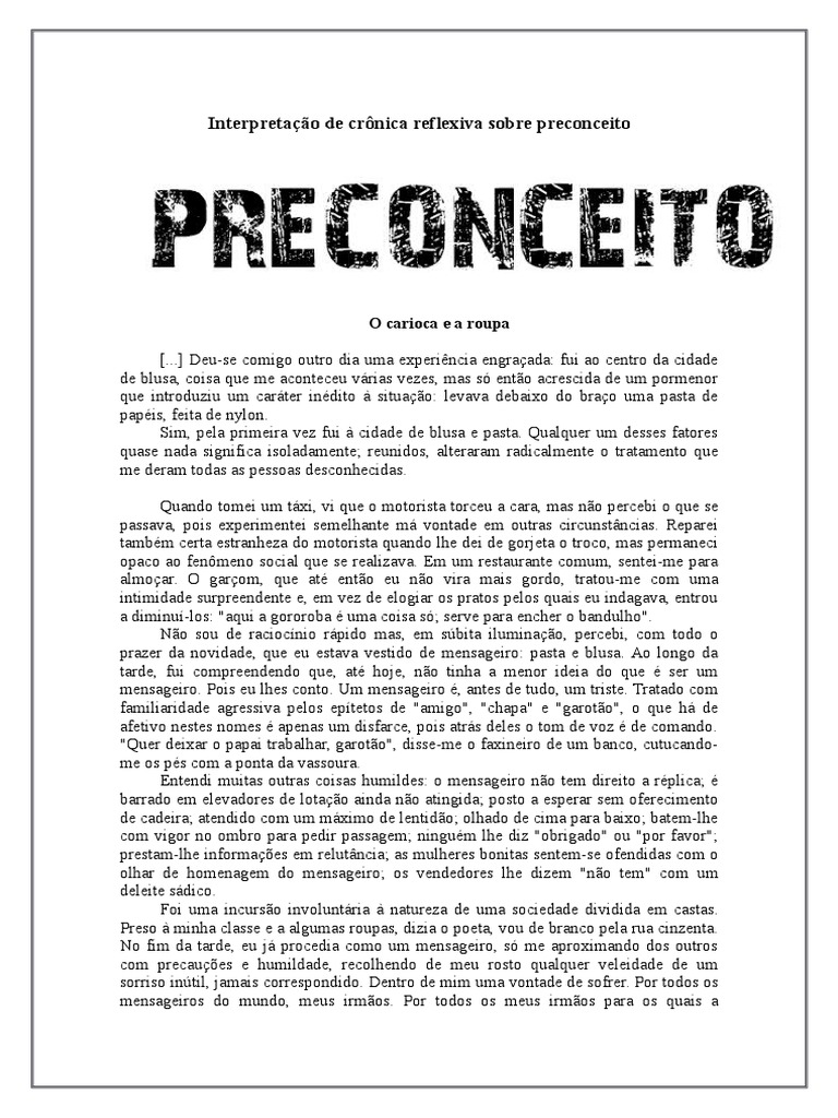 Considerando A Narrativa Acima E Conhecimentos Sobre Preconceito
