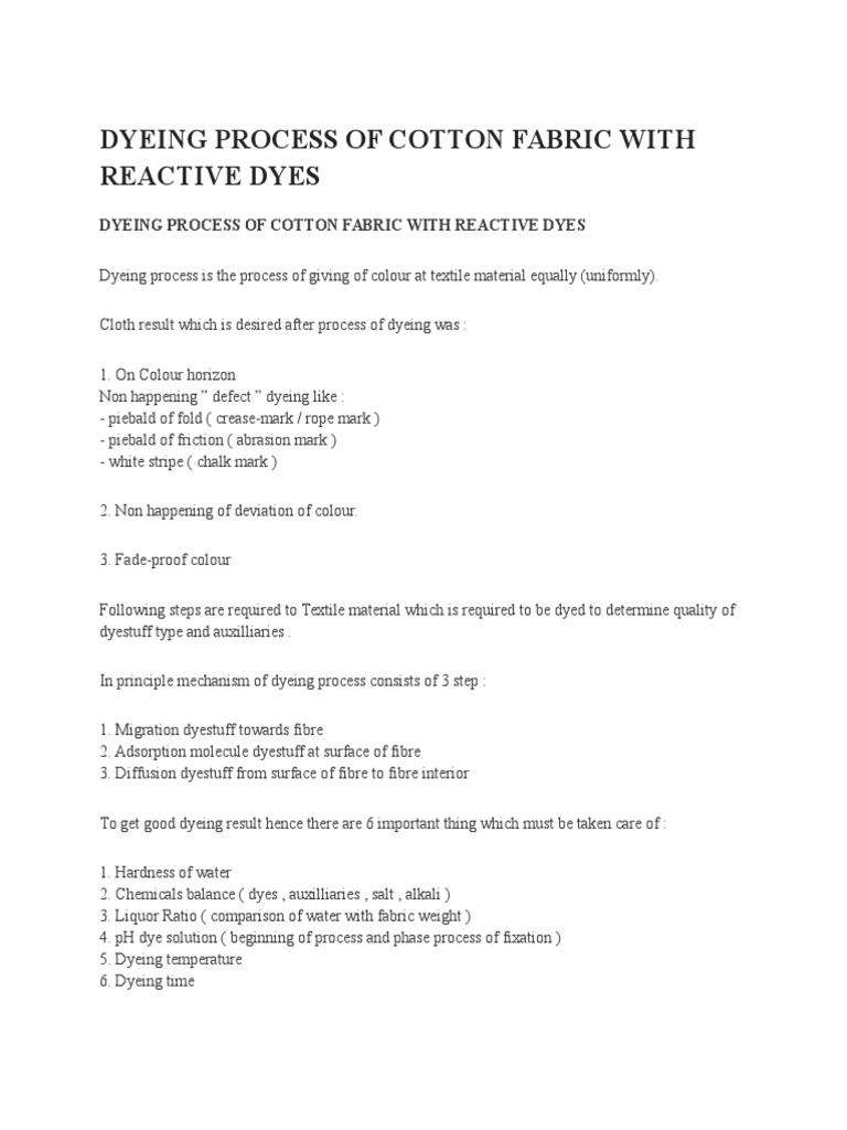 Dyeing Process of Cotton Fabric With Reactive Dyes PDF Dye Sodium