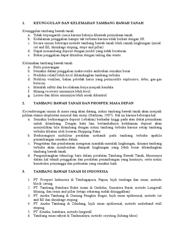 Keunggulan Dan Kelemahan Tambang Bawah Tanah Keunggulan Dan Kelemahan Tambang Bawah Tanah