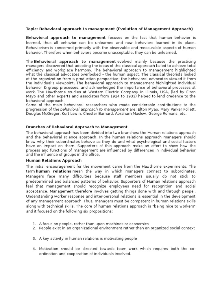 Behavioral Approach To Management | PDF | Interpersonal Relationships ...