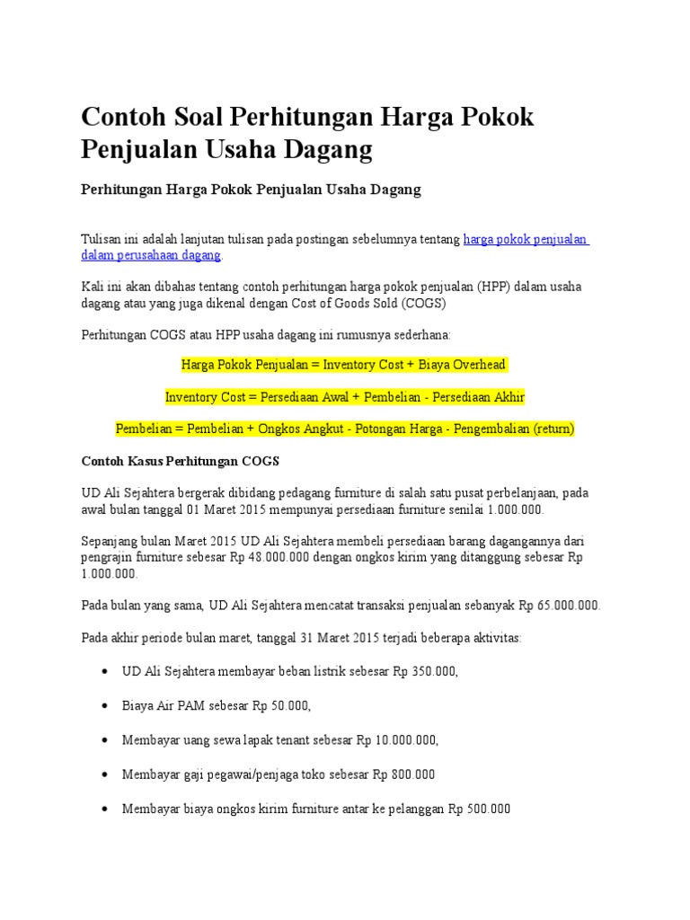 Contoh Soal Perhitungan Harga Pokok Penjualan Usaha Dagang