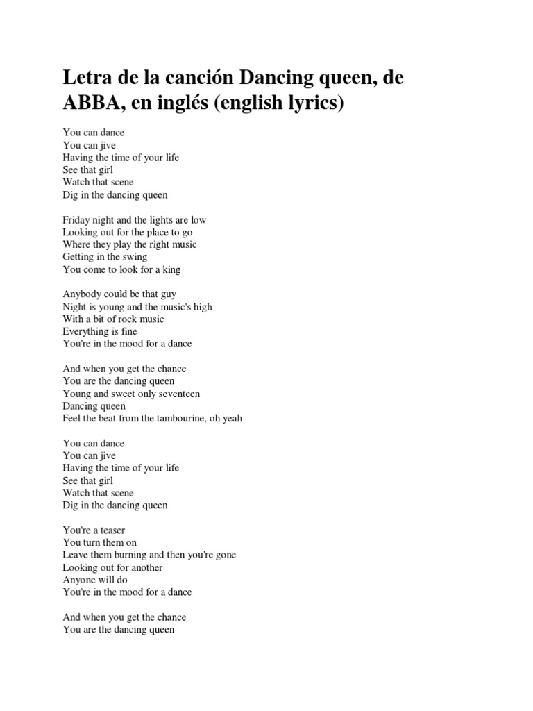 Letra de La Canción Dancing Queen | PDF | Arte | Clásicos
