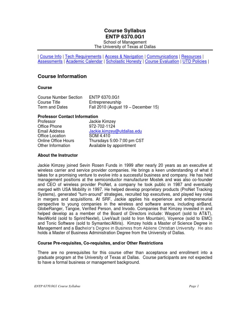 UT Dallas Syllabus For Entp6370.0g1.10f Taught by Jackie Kimzey (jxk092000)  | PDF | Entrepreneurship | Educational Technology