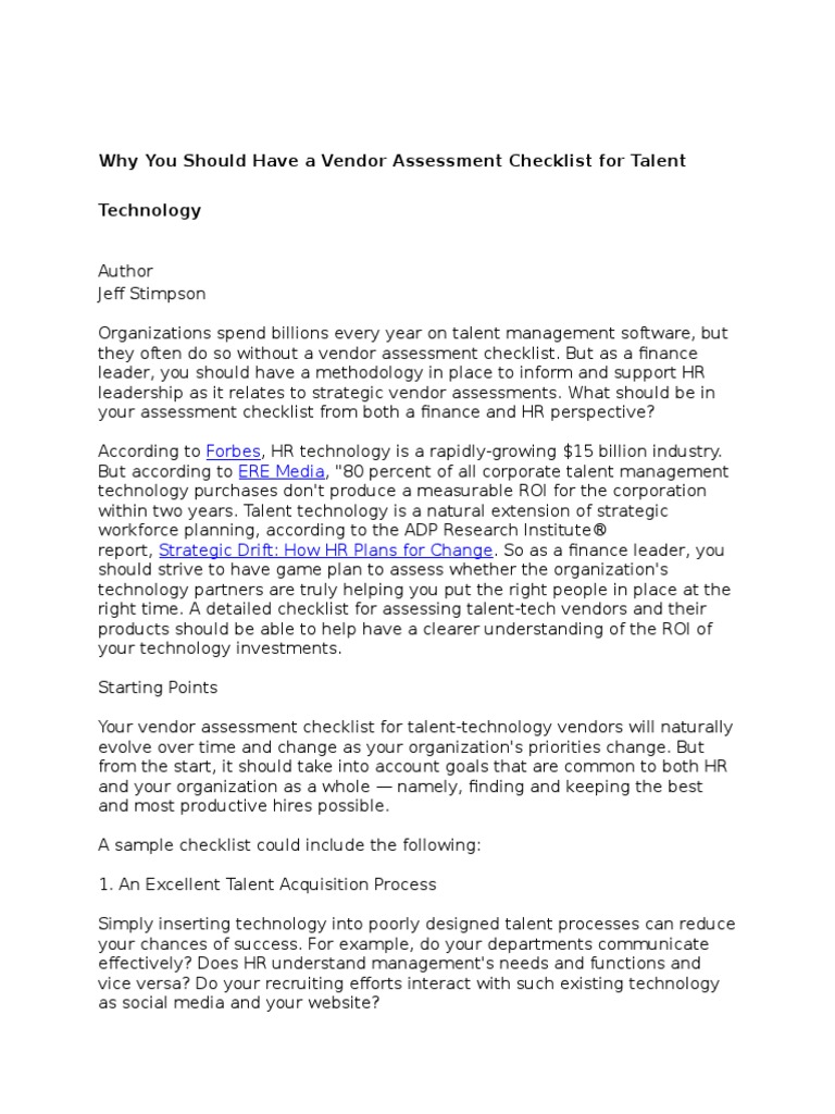 Why You Should Have A Vendor Assessment Checklist For Talent Technology ...