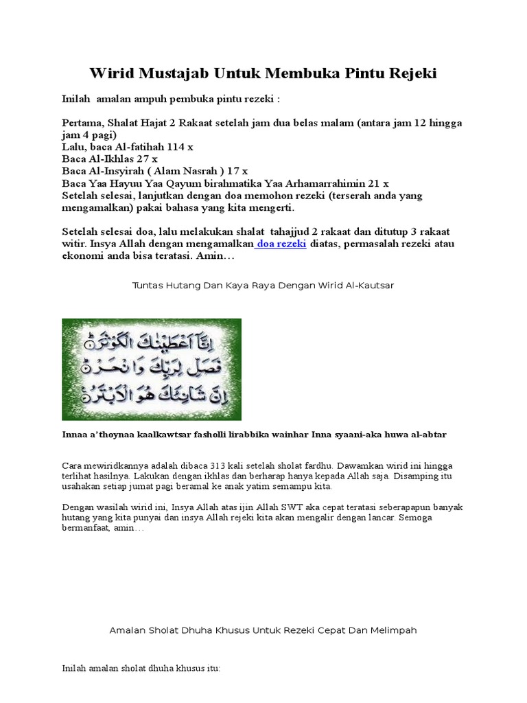 Wirid Mustajab Untuk Membuka Pintu Rejeki