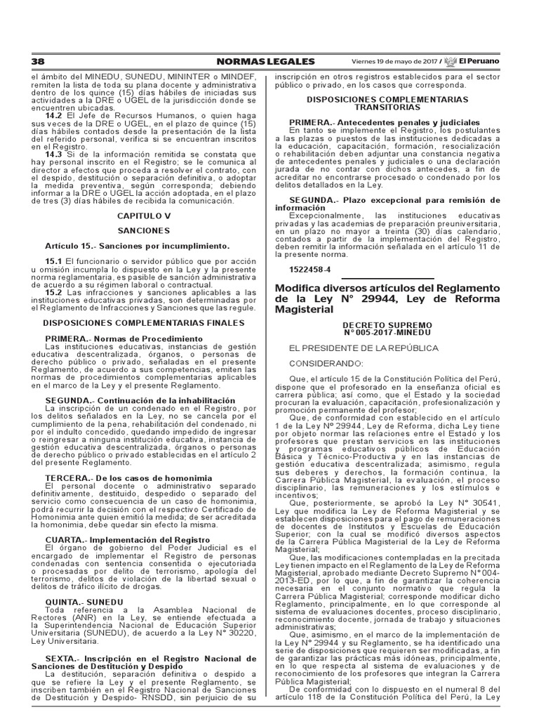 Decreto Supremo N 005 2017 MINEDU Maestros Regulaci n
