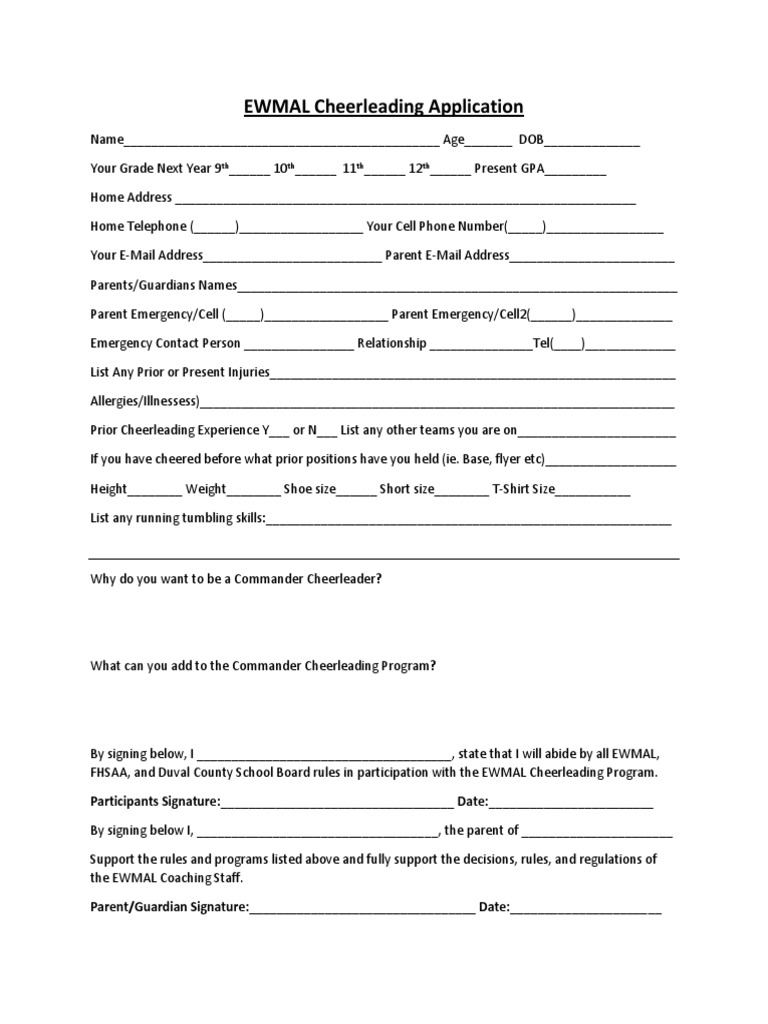 EWMAL Cheerleading Application Form | PDF