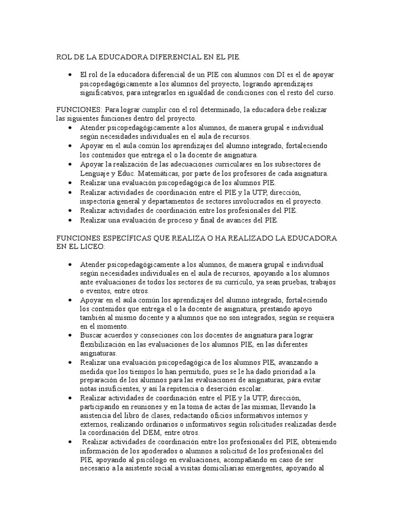 Rol de La Educadora Diferencial en El Pie | PDF | Evaluación | Maestros