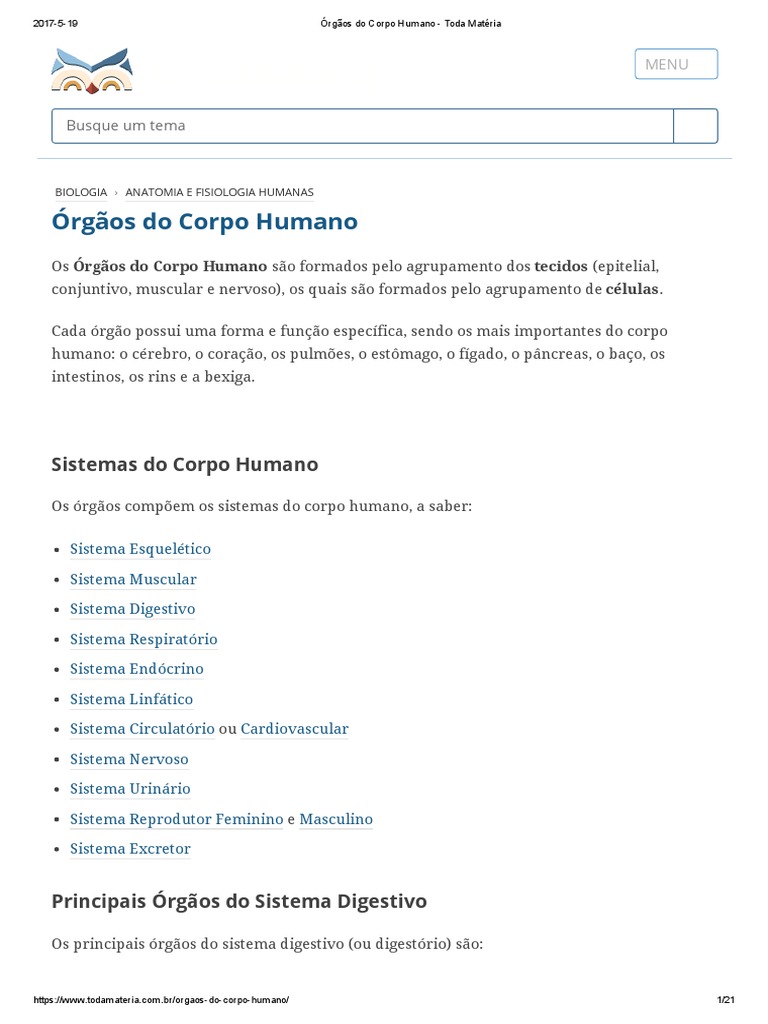 Órgãos e Sistemas do Corpo Humano | PDF | Órgão (anatomia) | Sistema ...