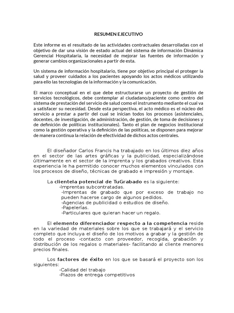 Ejemplo de resumen ejecutivo de un plan de negocio word doc