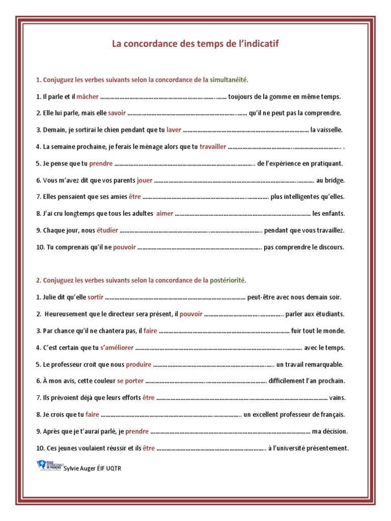 La Concordance Des Temps Exercices Pdf