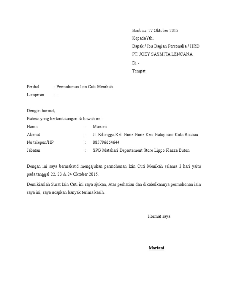 Contoh Surat Izin Cuti Menikah Pdf