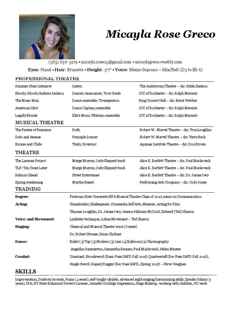 Musical Theatre Resume (Micayla) | PDF | Theatre | Dances