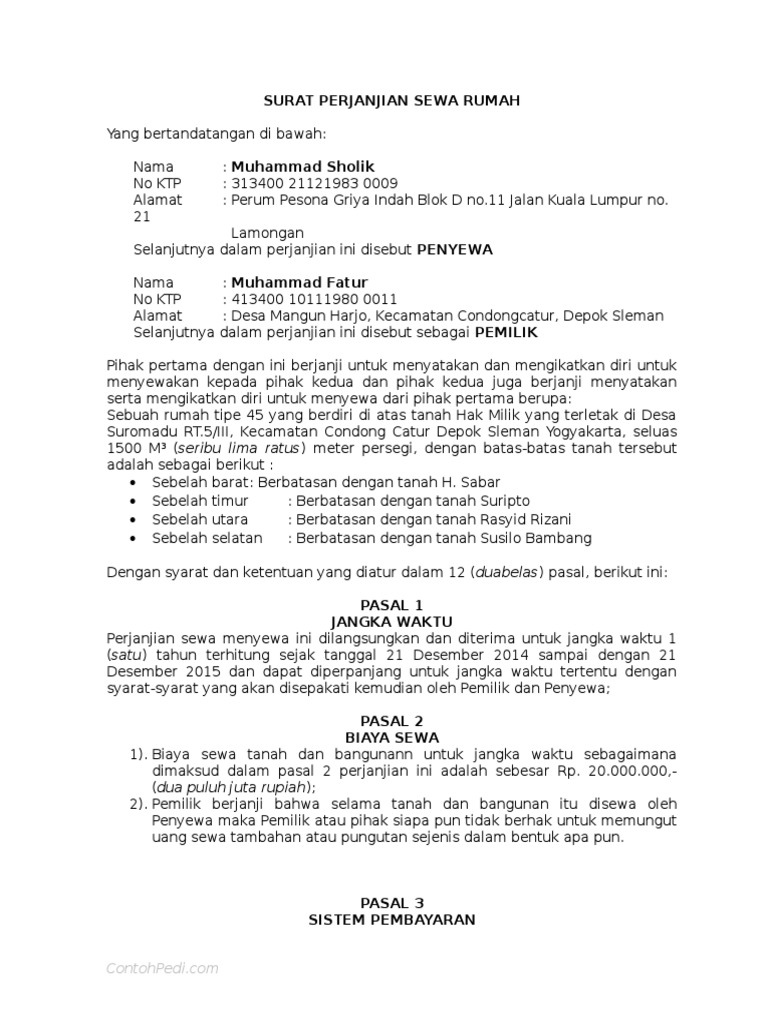 Contoh Surat Perjanjian Sewa Beli Rumah Malaysia