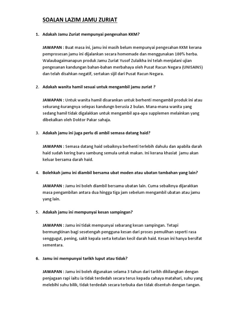 Soalan Lazim Jamu Zuriat Yusof Zulaikha Pdf