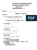 Don Bosco Splendid Home 1 Terminal Examination-2017 Class-VI Mathematics - I