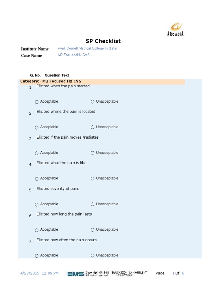 A5c-CM CVS Checklist HX 2015-04-23 | PDF | Pain | Epidemiology