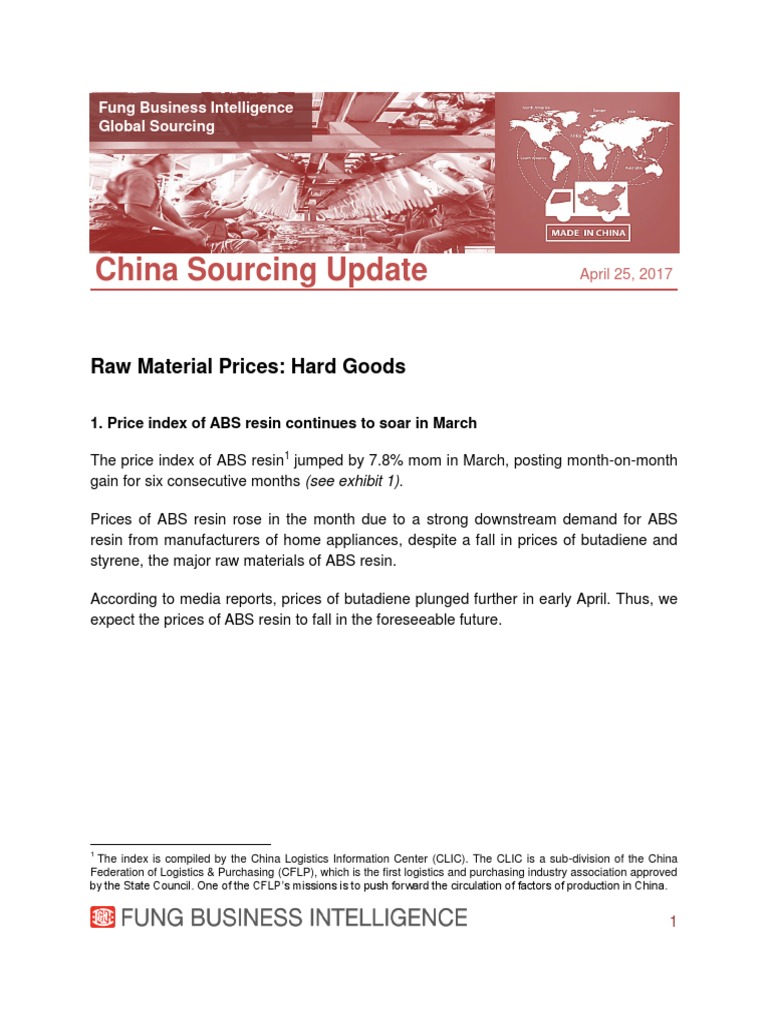 China Sourcing Update Raw Material Prices Hard Goods MAR 2017