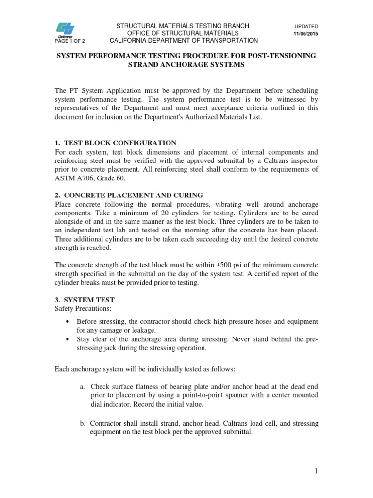 PTSystems Performance Test Procedure PDF | PDF | Prestressed Concrete ...