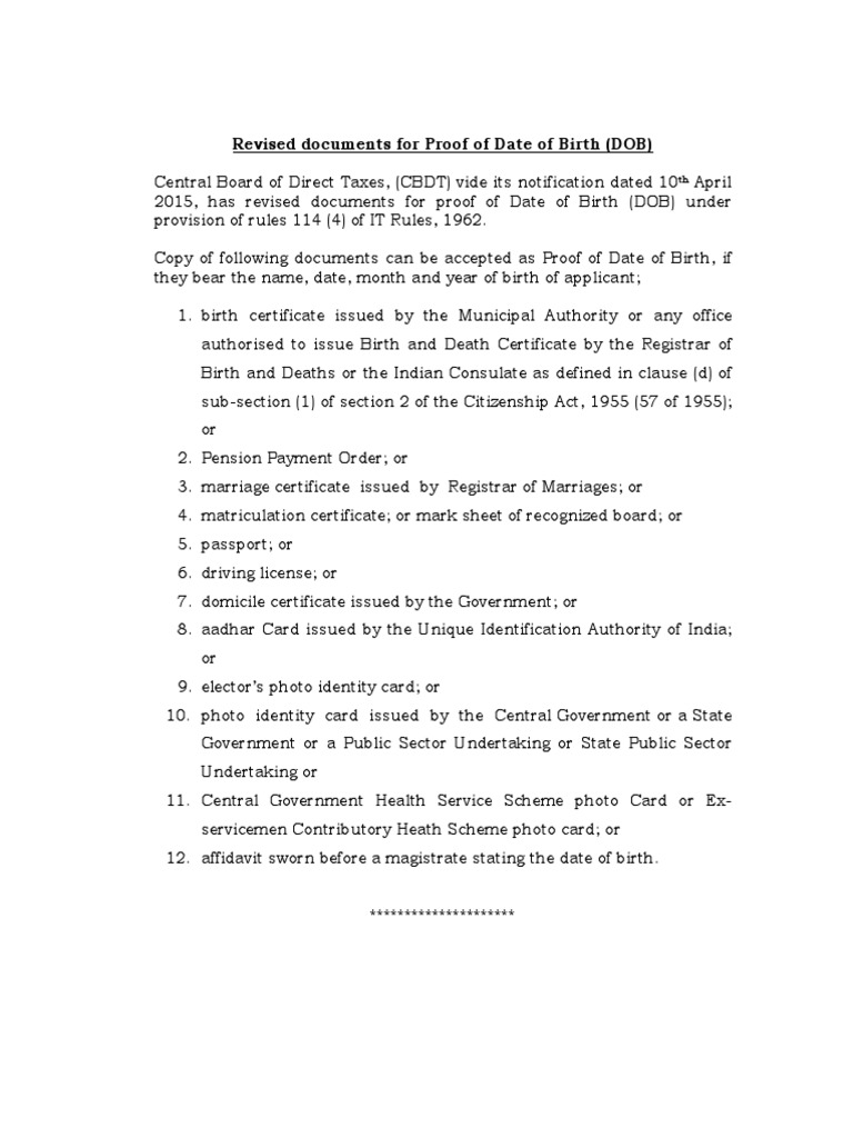 Revised Documents For Proof of Date of Birth | PDF