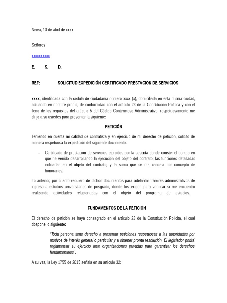 Solcitud Expedición de Certificado de Prestación de Servicios Derecho laboral Constitución