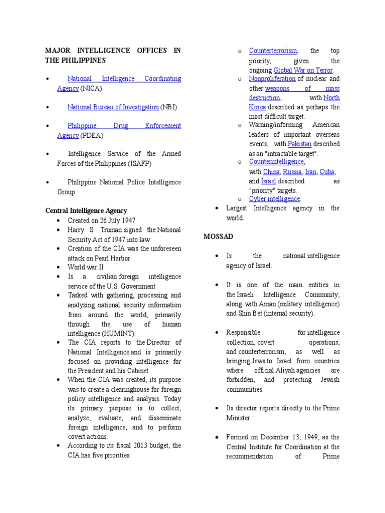 Major Intelligence Agencies in the Philippines | PDF | Mossad | Central ...