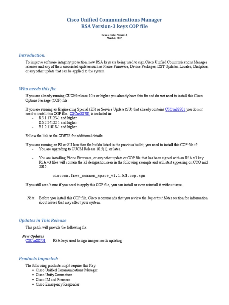 Cisco Unified Communications Manager RSA Version-3 Keys COP File | PDF |  File Transfer Protocol | Utility Software