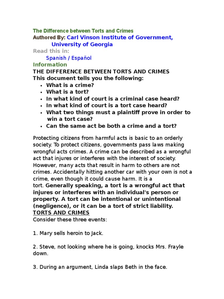 The Difference Between Torts and Crimes PDF Tort Crime &