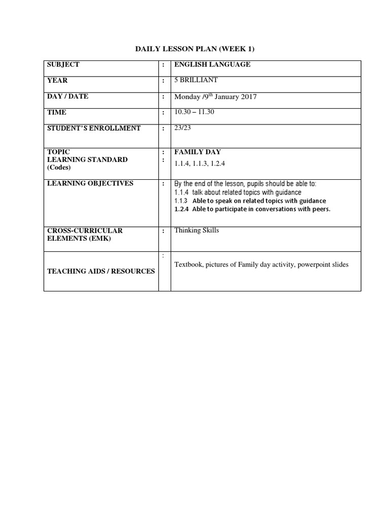 Week 1 English Lesson Plan | PDF | Lesson Plan | Educational Assessment