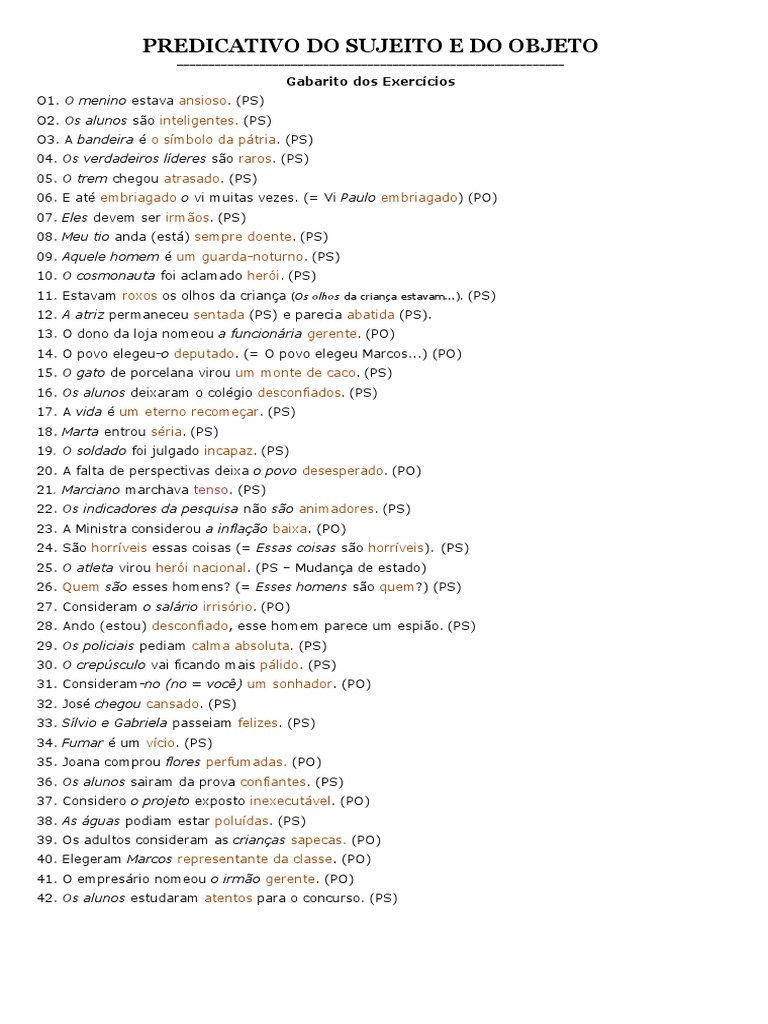 Exercícios sobre Predicativo do Sujeito e Objeto | PDF | Partidos e ...
